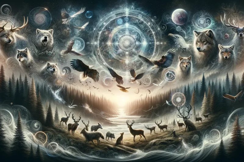DALL·E 2024-02-20 23.34.19 - Create a wide, mystical and symbolic image that represents the concept of a power animal in shamanism. The image should feature a variety of animals t